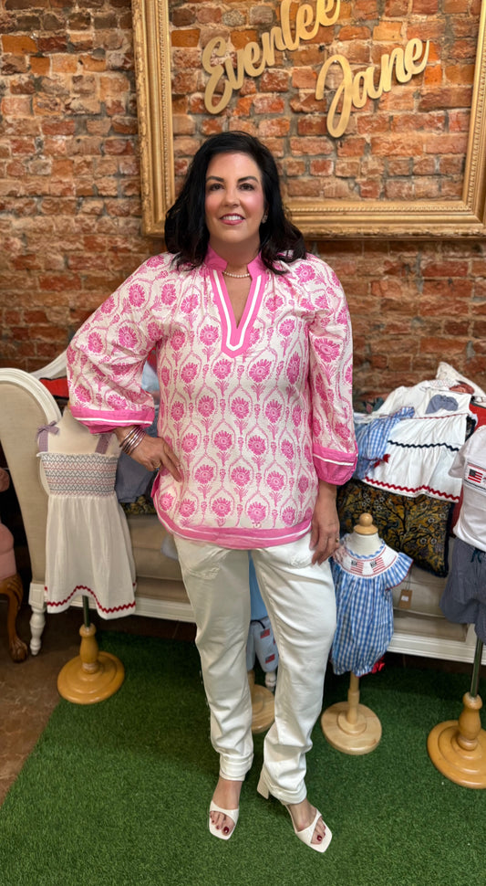 Pink Puff Sleeve Boho Print Top, available in sizes XS–XL. Features puff sleeves and boho pattern in pink.