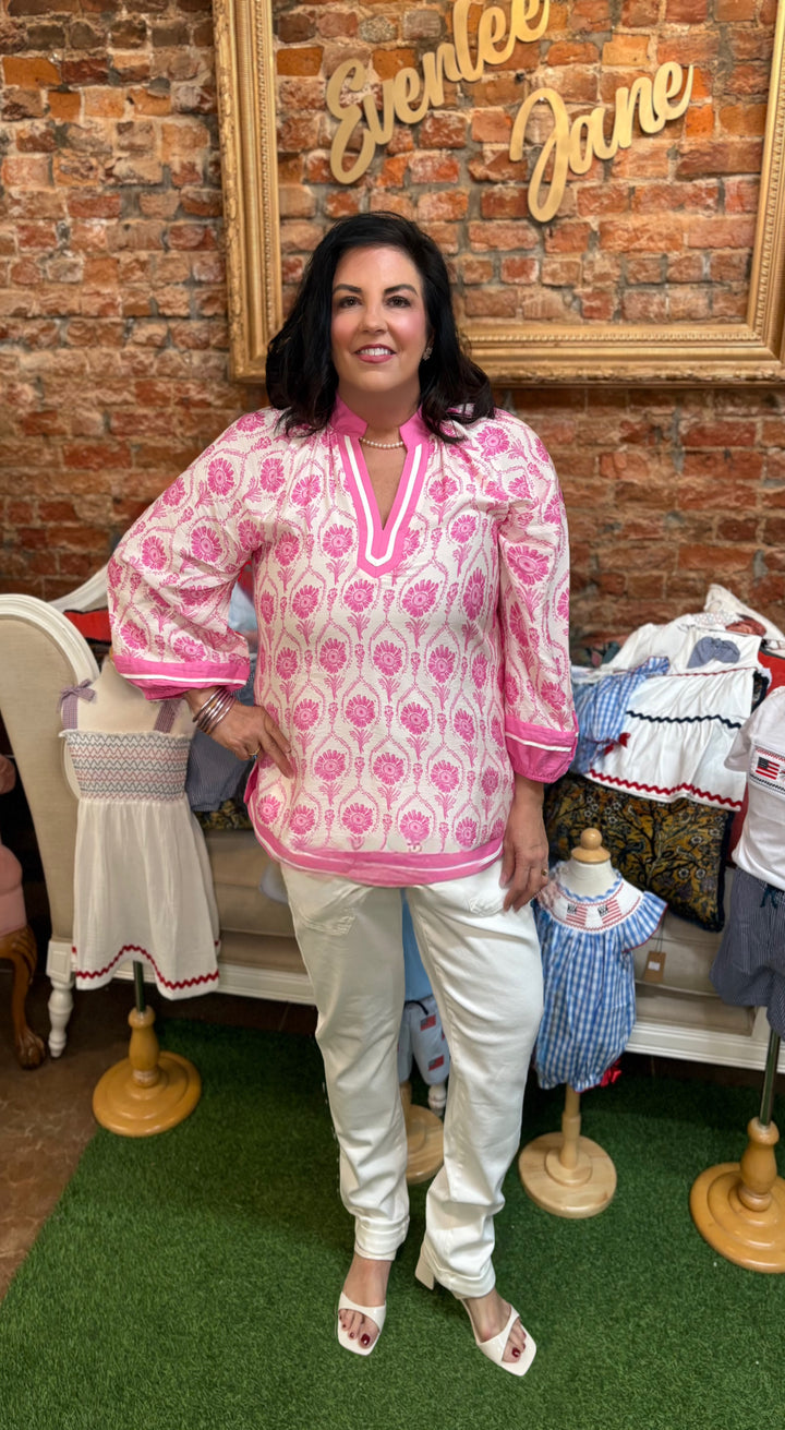 Pink Puff Sleeve Boho Print Top, available in sizes XS–XL. Features puff sleeves and boho pattern in pink.