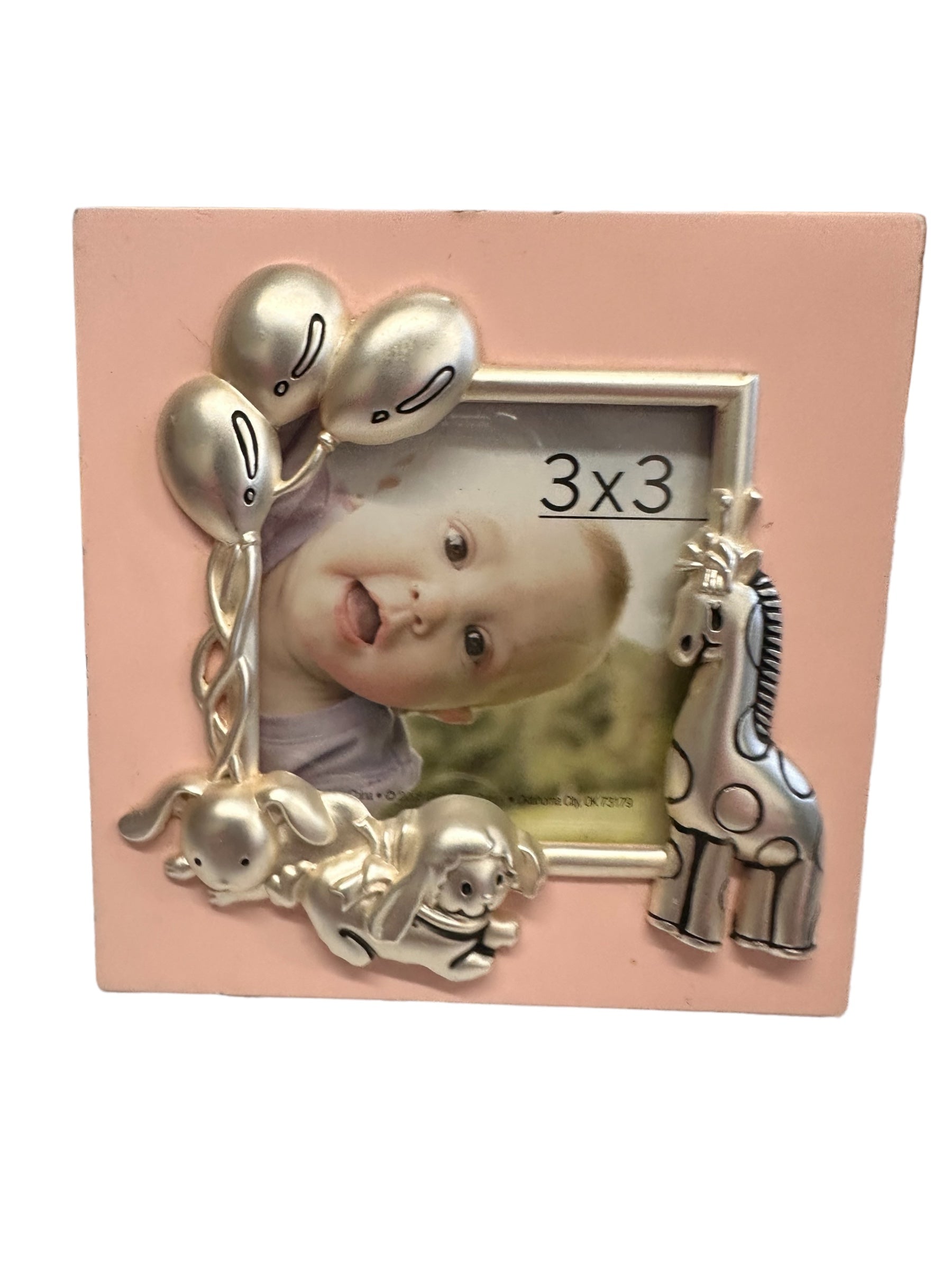 3" by 3" picture frame with pink base and metal animals surrounding the picture, Has giraffe, rabbit, and lamb with balloons