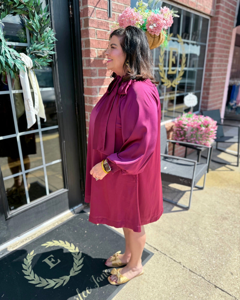 Plum Satin Tie Neck Dress, available in sizes XS-XL; features a tie neck detail.