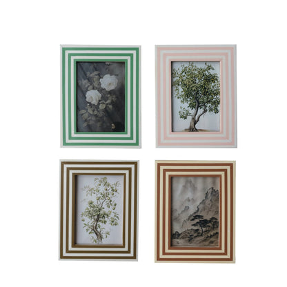 Photo Frame with Inlaid Stripes, set of four 5x7 frames featuring striped designs: flower, tree, branch, and mountain.
