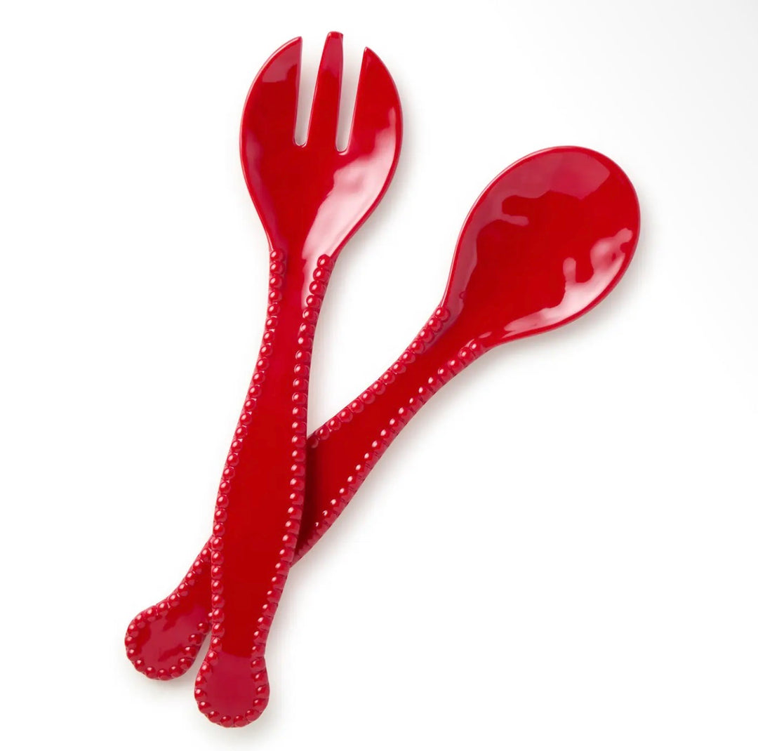 Red Perlette Melamine Salad Server Set in red melamine with beaded pearl-like handles.