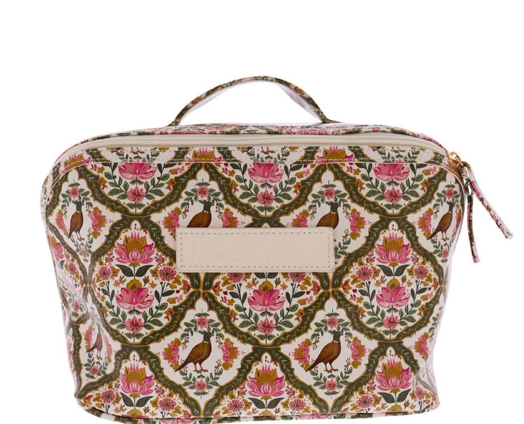 Large travel organizer with zipper and handle, featuring a pink, green, and brown floral and bird pattern and a blank rectangular label on the front. Size: Large.