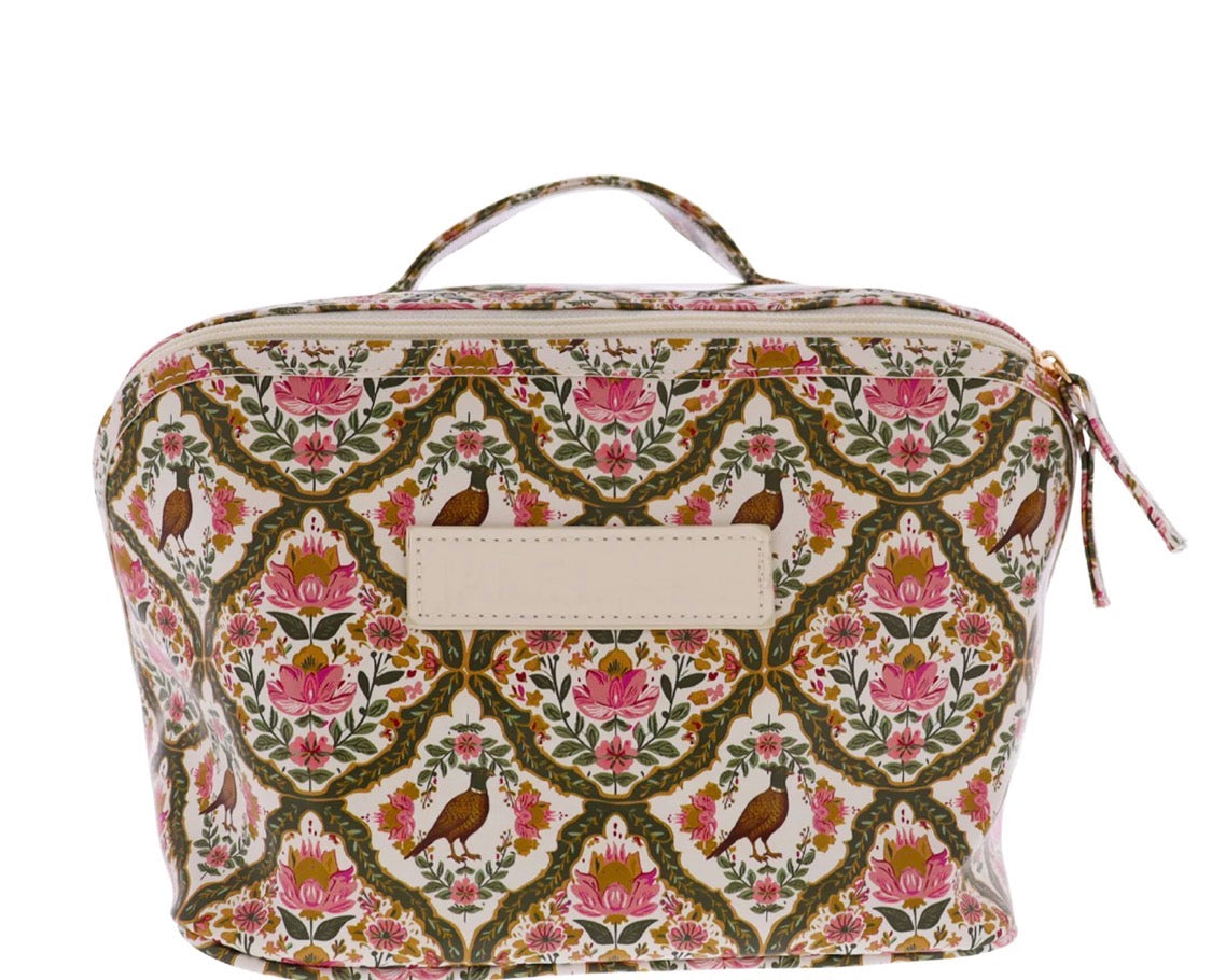 Large travel organizer with zipper and handle, featuring a pink, green, and brown floral and bird pattern and a blank rectangular label on the front. Size: Large.