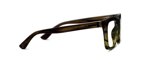 Thick-rimmed Cavern Progressives eyeglasses, translucent olive-green frames, blue light lenses. Sizes: S, M, L.