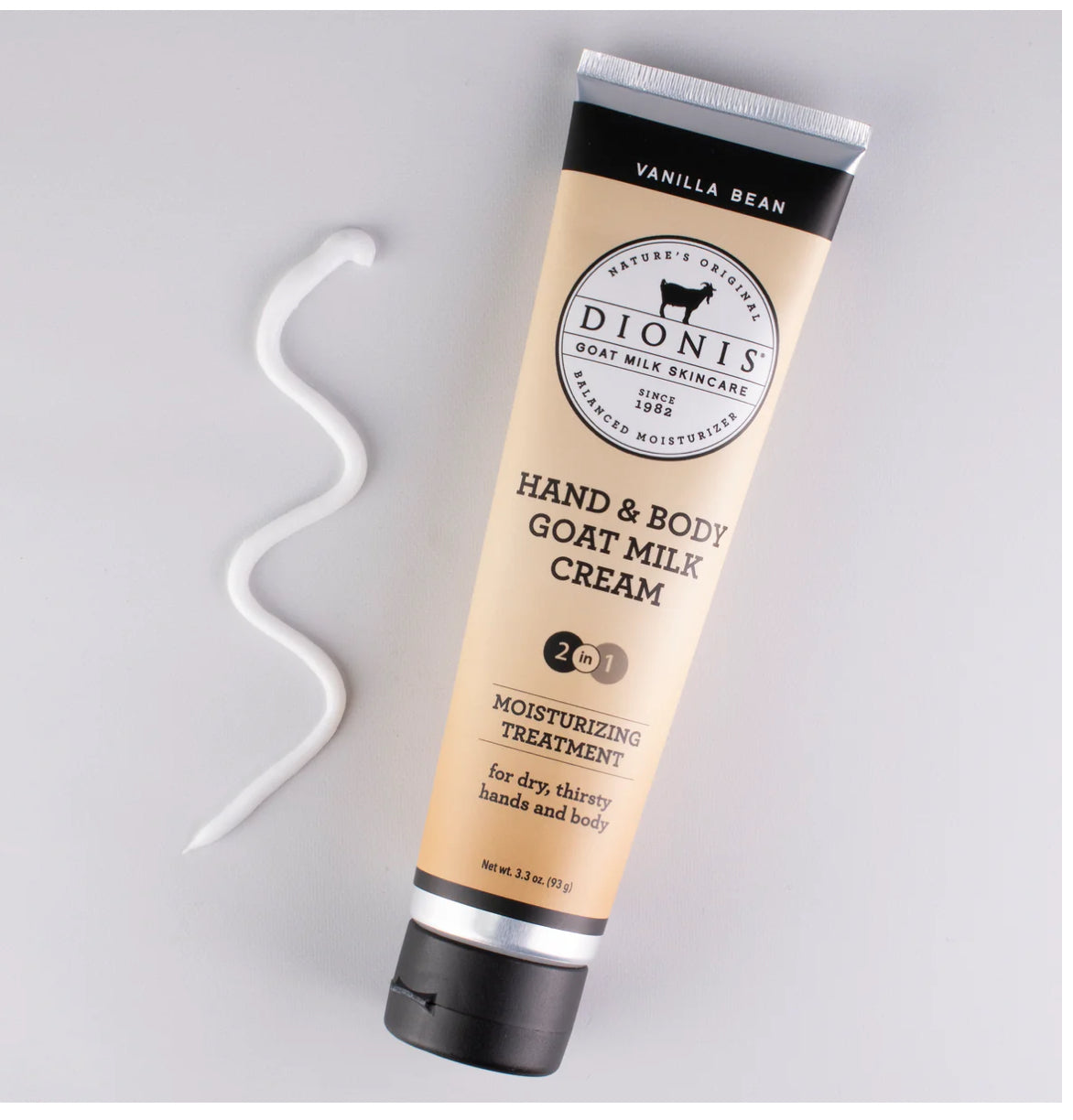 Goat Milk Hand Cream, Vanilla Bean scent. Enriched with vitamins and nutrients from goat milk for dry hands and body. Sizes available: 2 oz, 4 oz.