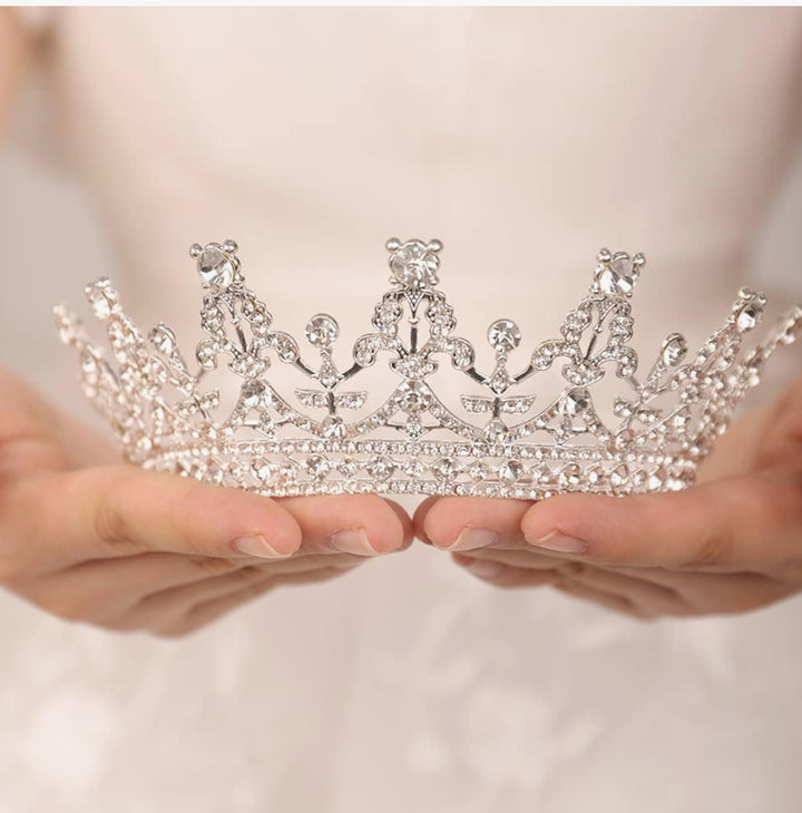 Bridal Rhinestone Crown: sparkling silver tiara with intricate designs, clear gemstones. Available sizes: S, M, L.