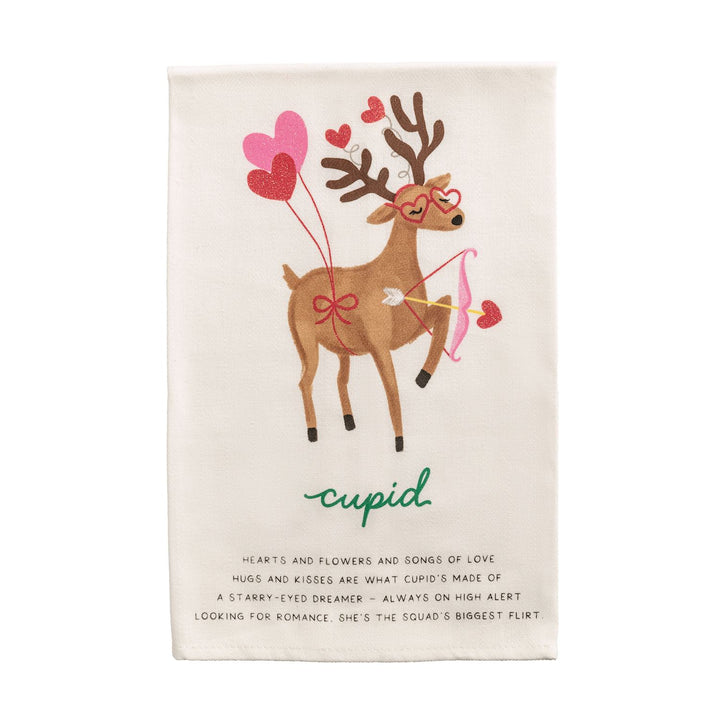 Rectangular white Santa’s Reindeer Poem hand towel featuring a cartoon reindeer with heart-shaped glasses, holding a bow and arrow, with “cupid” and a short romance poem printed below.
