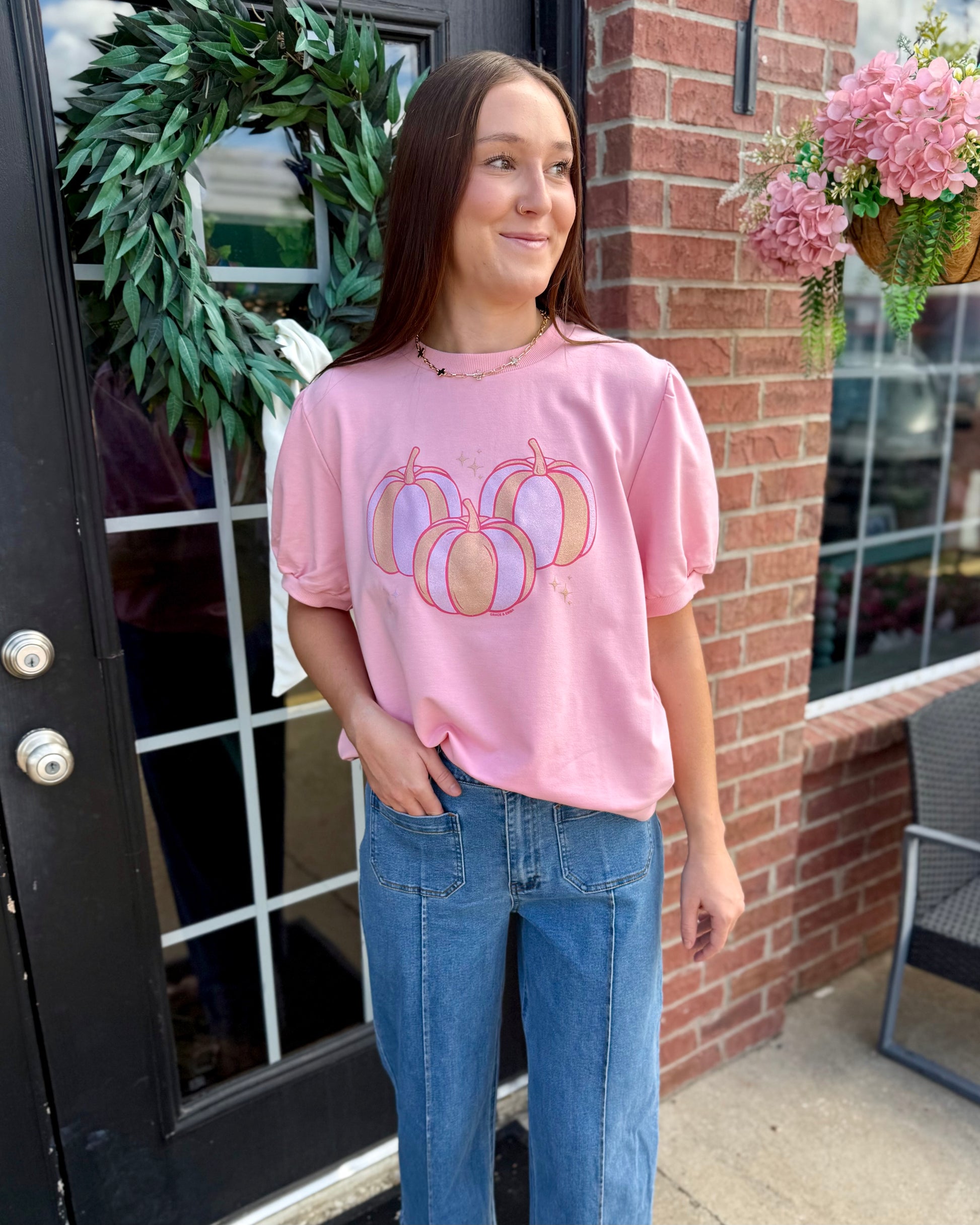 Pink Pumpkin Short Sleeve Sweatshirt, available in sizes S-XL.