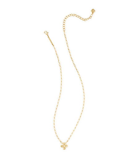 The Leanne Short Pendant by Kendra Scott features a delicate linked chain, a small textured four-petal flower pendant, and a lobster clasp. Available in multiple sizes.