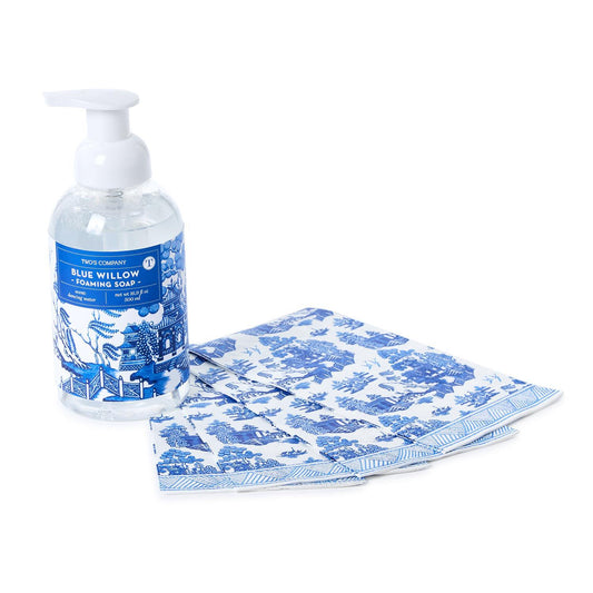 Blue Willow foaming soap and guest towels set with intricate blue willow pattern; sizes available: standard bottle, guest towel.