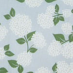 Set of 2 dishtowels with white hydrangea and green leaf pattern on light blue. Each towel measures 18" x 28".