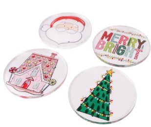 Merry and Bright Coaster Set of 4, featuring four clear circular coasters with Santa Claus, “Merry Bright” text, gingerbread house, and tree designs.