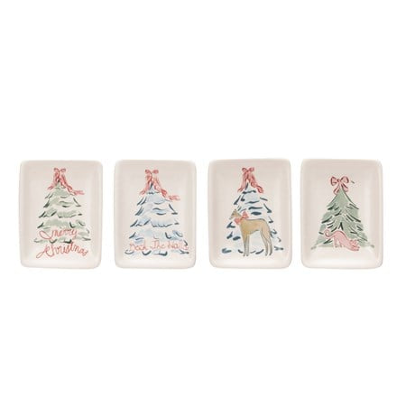 Four rectangular stoneware dishes featuring painted Christmas trees with bows and holiday text or animal sayings.