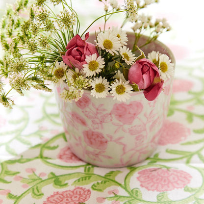 Pink Chinoiserie Cachepot, hand-painted with floral designs. Available in small, medium, and large sizes.