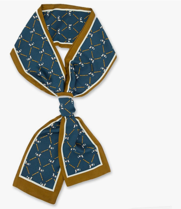 Blue silk-like scarf with brown border, crossed golf clubs and balls pattern. Available in multiple sizes.