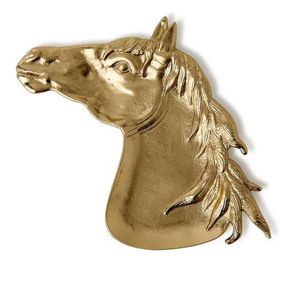 Gold metallic horse head desk tray with antiqued brass finish, featuring detailed mane and classic accents. Available sizes: small and large.