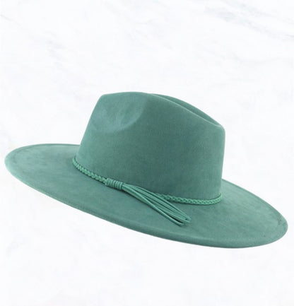 Teal felt wide brim hat with braided band and tassel detail. Available sizes: S, M, L.