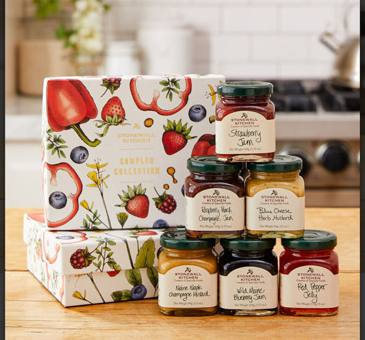 Boxed set of Stonewall Kitchen's Classic Sampler Collection featuring six jars of gourmet jams and mustards. Includes Red Pepper Jelly. Available in one size: Set.