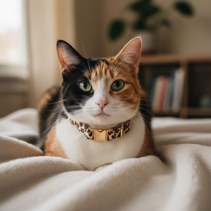 Leopard Print Pet Collar—adjustable, durable, available in sizes S, M, and L.