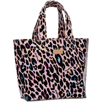 Medium ConsuelaCloth tote with two handles, glossy finish, colorful leopard print, "Consuela" patch. Sizes: medium only.
