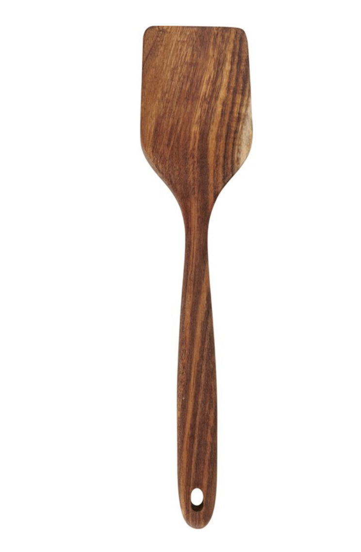 Flat, rectangular wooden spatula with rounded handle and hole at the end. Available in 10" and 12" sizes.