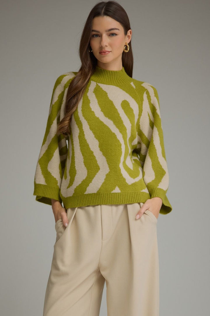 Green and beige zebra print mock neck sweater with bell sleeves. Available in all sizes.