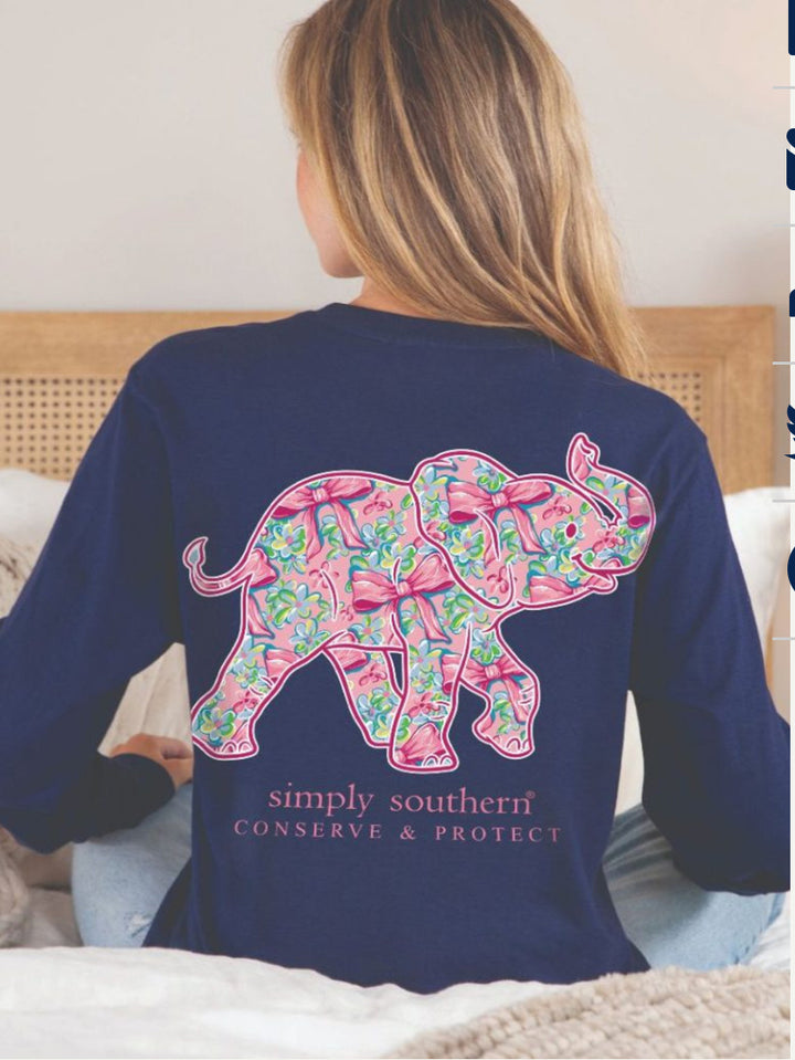 Bow Eclipse LS T-shirt with colorful floral elephant graphic and “simply southern® CONSERVE &amp; PROTECT” on back. Sizes: S-XL.