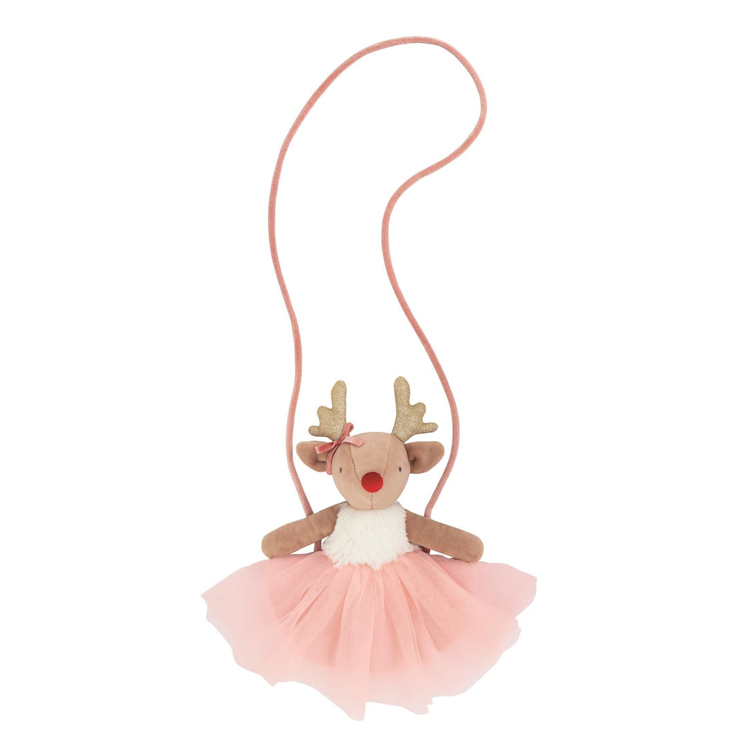 Christmas plush purse with gold antlers, pink tutu, and shoulder strap. Available in one size.