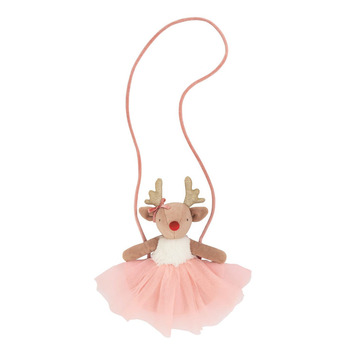 Christmas plush purse with gold antlers, pink tutu, and shoulder strap. Available in one size.
