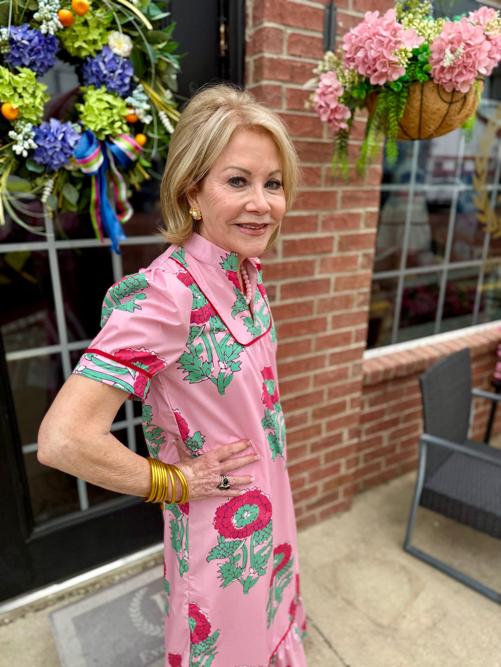 Pink floral print mandarin collar midi dress. Available in sizes XS-XL.