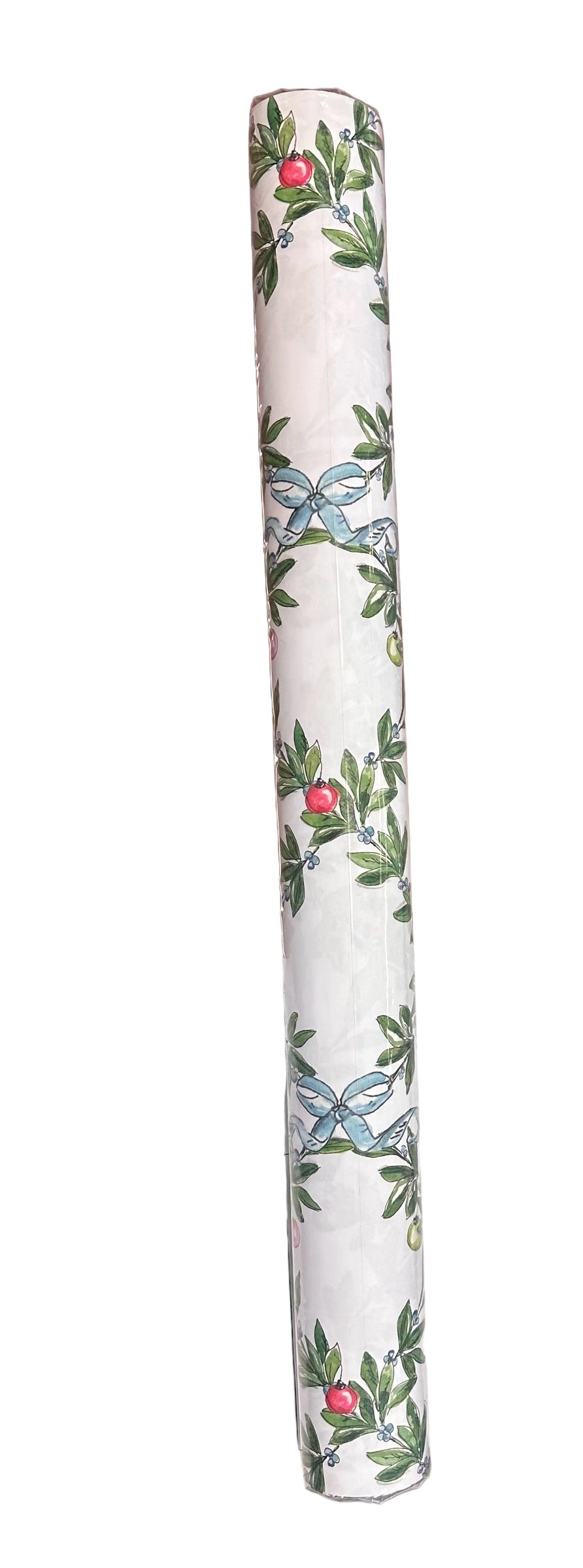 Handpainted Interlocking Greenery with Ornaments table runner featuring a rolled fabric design with green leaves, red ornaments, and blue bows. Available in various sizes.