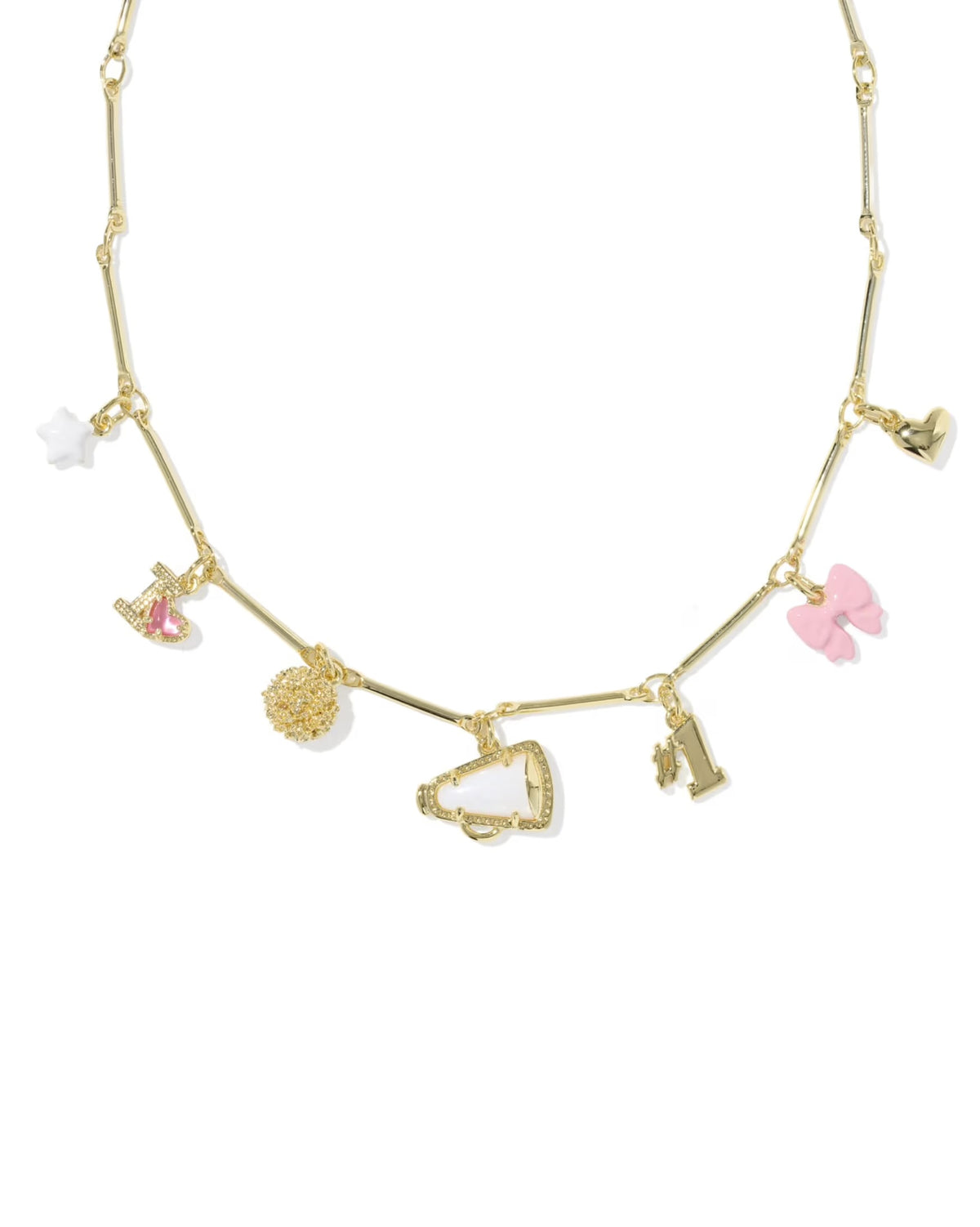 Cheer Charm Necklace with a white star, pink rocking horse, gold pompom, baby bottle, number one, pink bow, gold heart charms, and a tiny megaphone pendant on a delicate gold chain. Sizes: S/M/L.