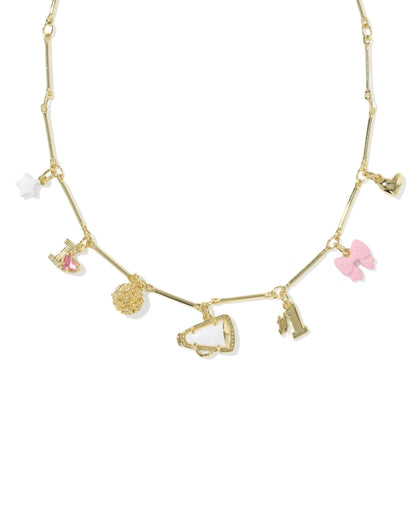 Cheer Charm Necklace with a white star, pink rocking horse, gold pompom, baby bottle, number one, pink bow, gold heart charms, and a tiny megaphone pendant on a delicate gold chain. Sizes: S/M/L.