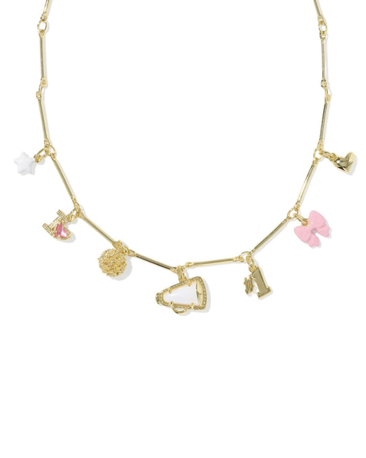 Cheer Charm Necklace with a white star, pink rocking horse, gold pompom, baby bottle, number one, pink bow, gold heart charms, and a tiny megaphone pendant on a delicate gold chain. Sizes: S/M/L.