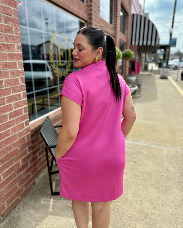 Pink Solid Mock Neck Pullover Dress. Available sizes: XS-XL.