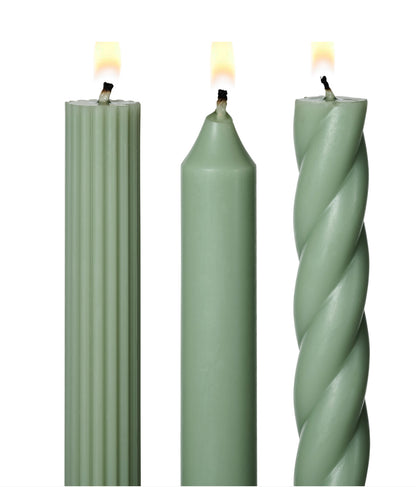 Unfragranced Assorted Candle Tapers 3 Pack: green, grooved, smooth, and twisted. Available in 10" length.