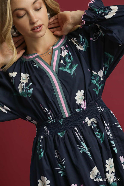 Midnight Floral Mix Dress: navy with pink and white florals. Available in sizes XS-XL. "MIDNIGHT MIX" in white at bottom.