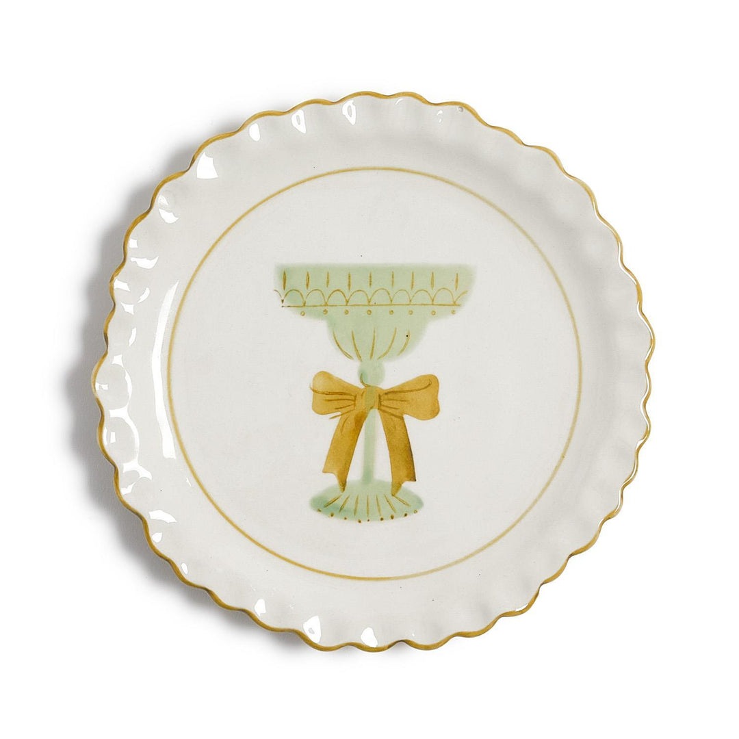Small, round vintage Cheers Tidbit Plate with a scalloped edge, gold rim, and a green stemmed glass illustration with a yellow bow.