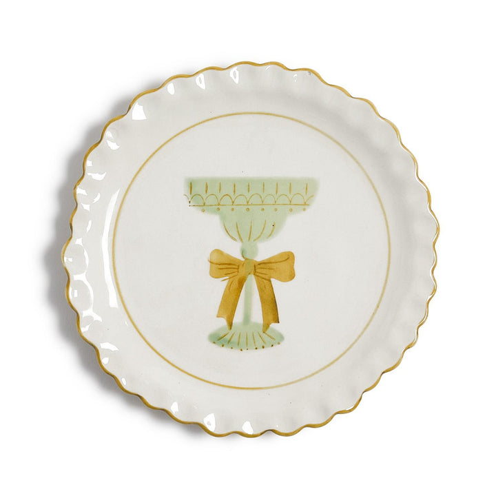 Small, round vintage Cheers Tidbit Plate with a scalloped edge, gold rim, and a green stemmed glass illustration with a yellow bow.