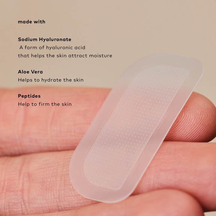 Translucent, rectangular Unwrinkle Patch with text on key ingredients. Available in small and large sizes.