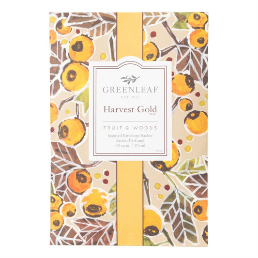 Harvest Gold Large Sachet: white label, yellow-orange floral fruit design. Available in large size. Long-lasting fragrance.