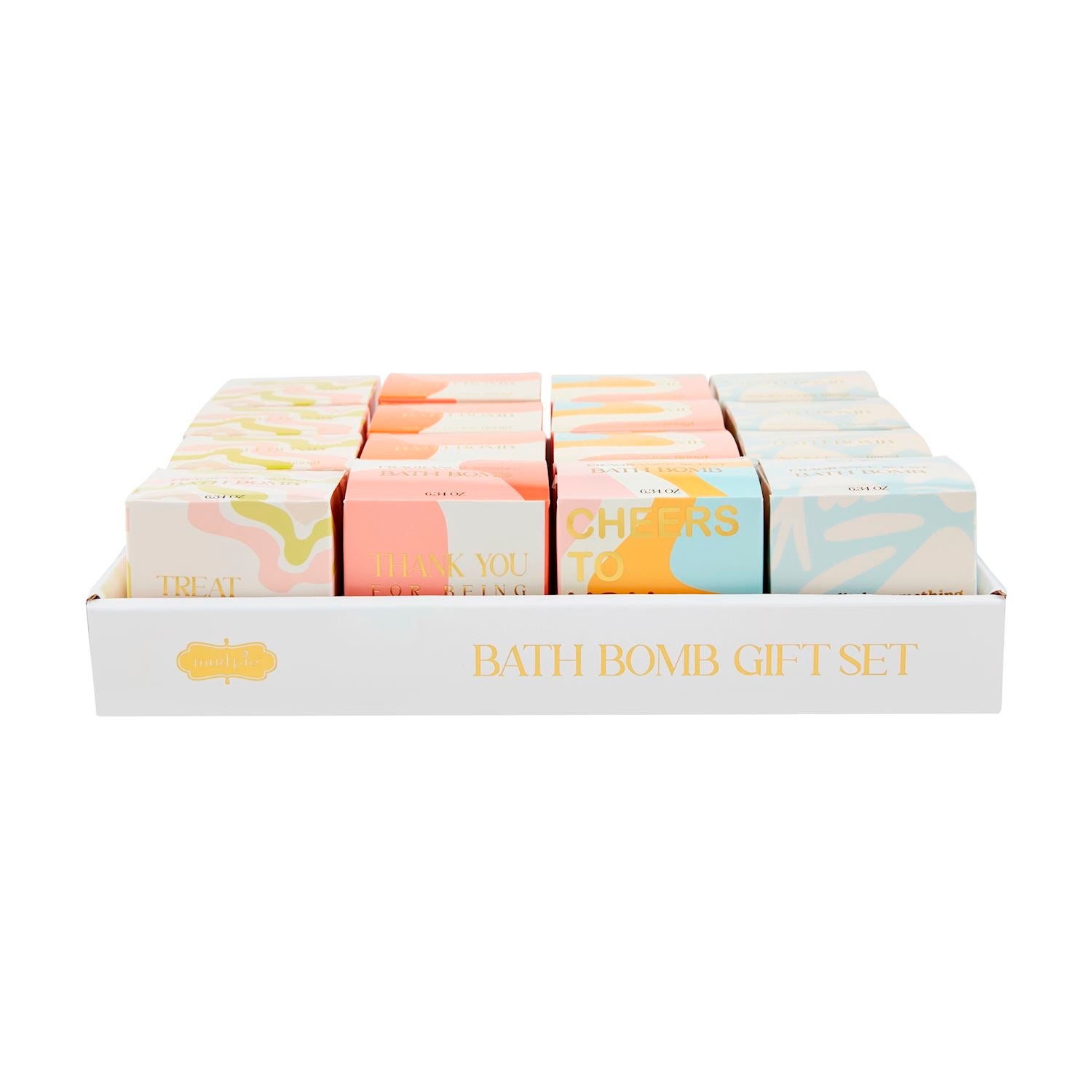 White tray labeled "Bath Bomb Gift Set" holds 12 pastel, scented bath bomb boxes with unique messages. Sizes: standard only.