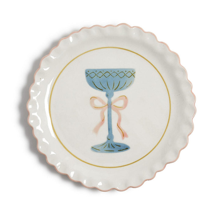 Cheers Tidbit Plate with scalloped edges, pink rim, and a painted blue chalice with a pink ribbon. Available in one size.