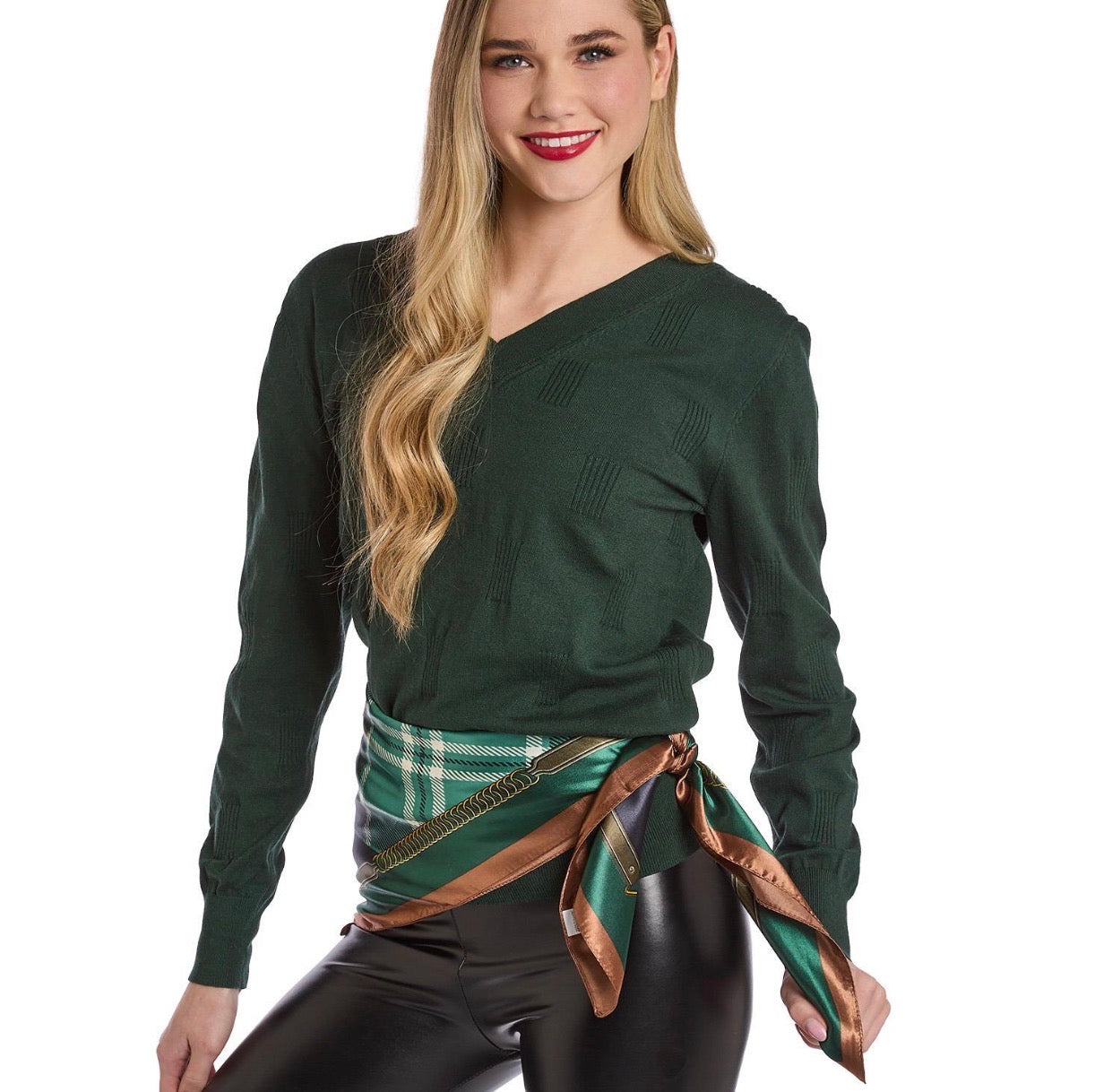 Tartan Silk Scarf tied around waist as an accessory; available in sizes S, M, and L.