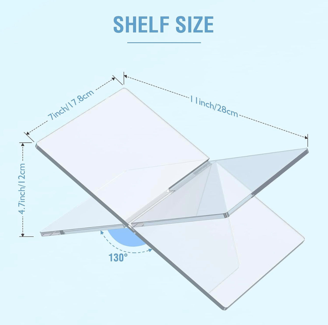 45 degrees for optimal view. Made of clear, durable acrylic. Compact, foldable design for easy storage. Suitable for holding books, tablets, or artwork. Available in one size only (standard). Accommodates items up to 2 inches thick.