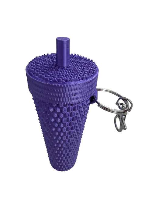 Customizable purple cup keychain with textured cone shape, cylindrical post on top, and metal key ring. Available in small, medium, and large sizes.