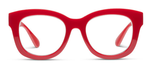 Center Stage Progressives - Red: thick red frames, clear and blue light lenses. Available in 4 widths: S, M, L, XL.