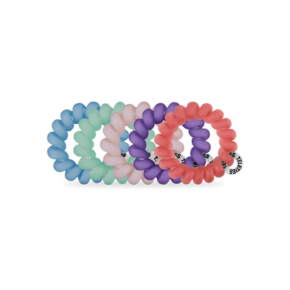 Set of four TELETIES Hair Ties in mint green, light pink, purple, and coral with a white tag. Available in small and large sizes.