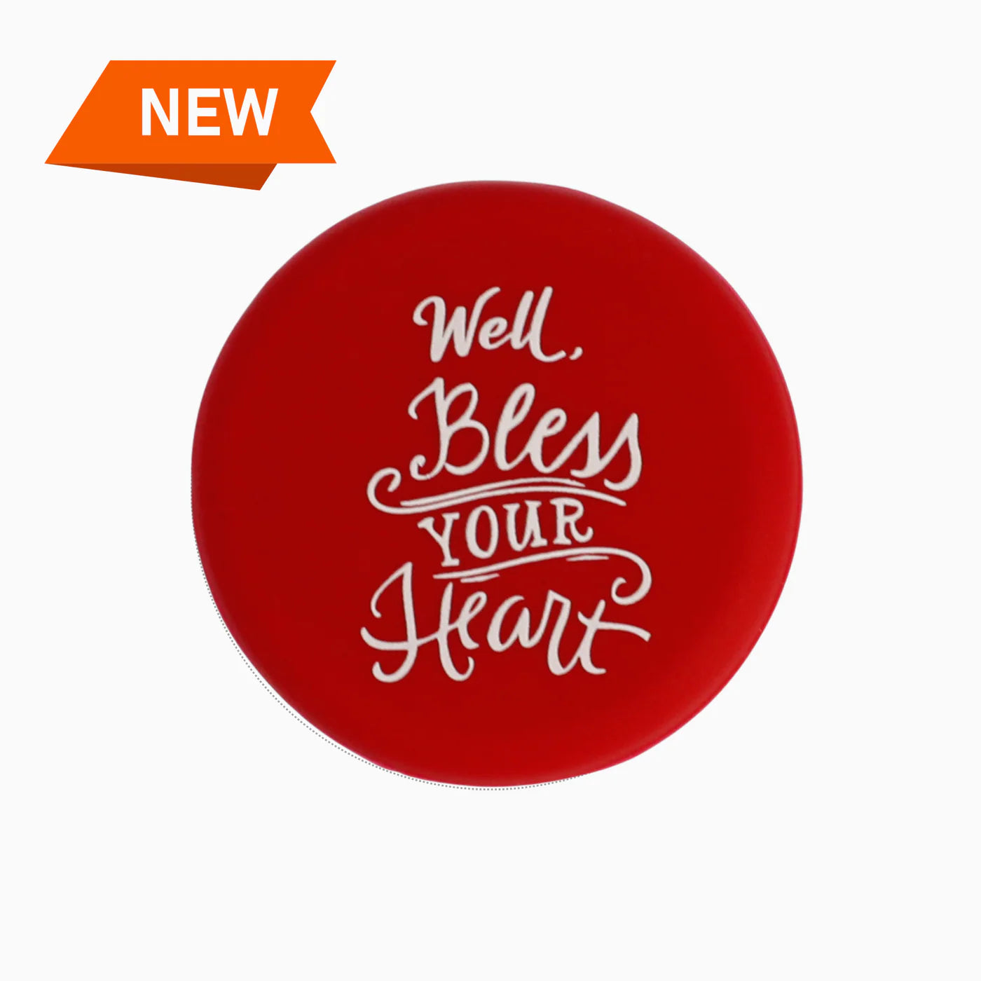 Red round Wine Caps bottle stopper, white cursive "Well, Bless Your Heart." Sizes available.